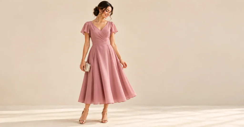 10 Stunning A-Line Dress Ideas: Flattering Outfits for Every Occasion 6 Dusty rose wedding guest A-line midi dress with champagne block heels.
