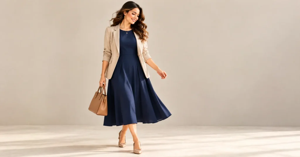 10 Stunning A-Line Dress Ideas: Flattering Outfits for Every Occasion 9 Navy blue A-line midi dress styled with a beige blazer and pointed flats.