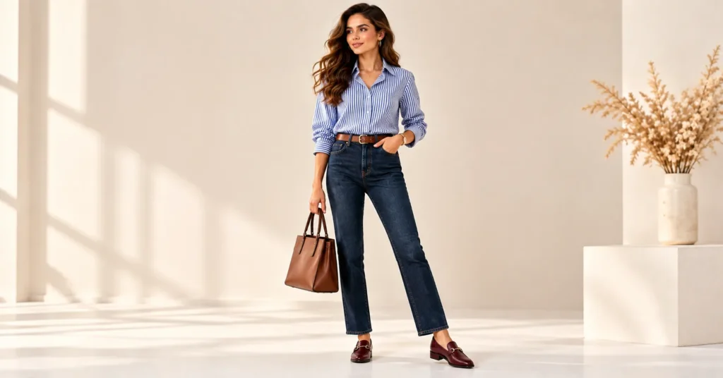 10 Stunning Straight Leg Jeans Outfit Ideas Every Lady Should Try 5 Straight Leg Jeans Outfit Ideas with a striped button-down shirt and loafers