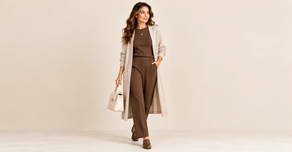 10 Flattering Short Torso Outfits That Balance Your Proportions Instantly 5 Short Torso Outfits featuring a long open oatmeal cardigan over a monochrome chocolate-brown base.