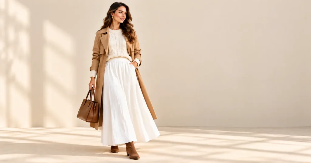 White Maxi Skirts: Fabrics, Fits, and 10 Effortless Outfit Formulas 12 White maxi skirts styled with a cream cable-knit sweater, brown suede ankle boots, and a camel trench coat.