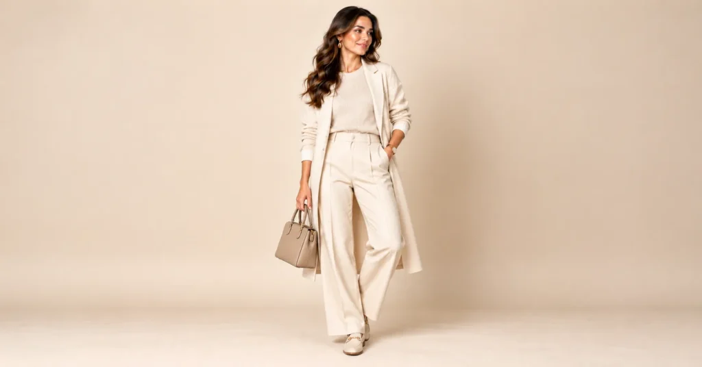 10 Effortless Comedy Show Outfit Ideas That Look Great and Feel Comfortable 11 Comedy Show Outfit Ideas featuring a cream monochrome sweater, tailored wide-leg trousers, matching coat, and loafers.
