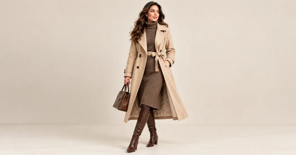 Women Winter Wear Jackets: 10 Stunning Outfit Ideas for Warmth and Style 6 Women Winter Wear Jackets featuring a beige lined trench coat with a knit midi dress and knee-high boots.
