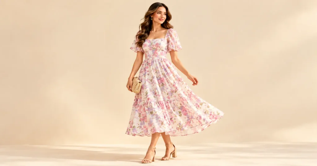 What to Wear to a Bridal Shower as a Guest: 10 Stunning Outfit Ideas for Every Style 3 What to Wear to a Bridal Shower as a Guest with a floral midi dress and nude heels