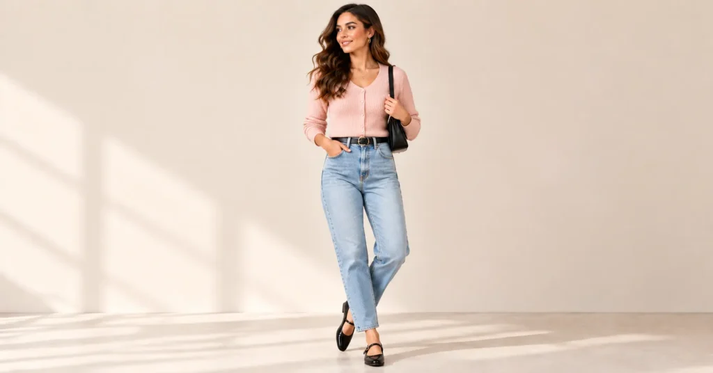 10 Effortless Cardigan and Jeans Outfits You'll Want to Wear on Repeat 7 Cardigan and Jeans Outfits with a buttoned pink cardigan and high-rise mom jeans