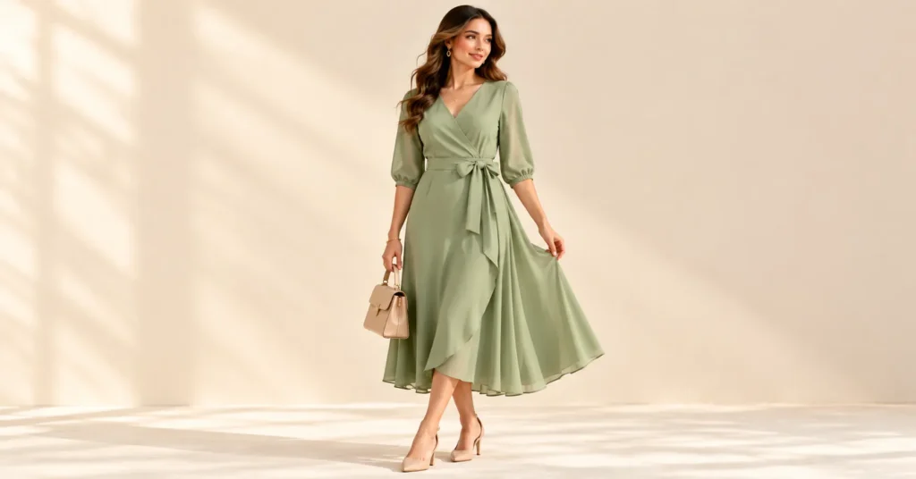 What to Wear to a Bridal Shower as a Guest: 10 Stunning Outfit Ideas for Every Style 5 What to Wear to a Bridal Shower as a Guest with an elegant sage green wrap dress