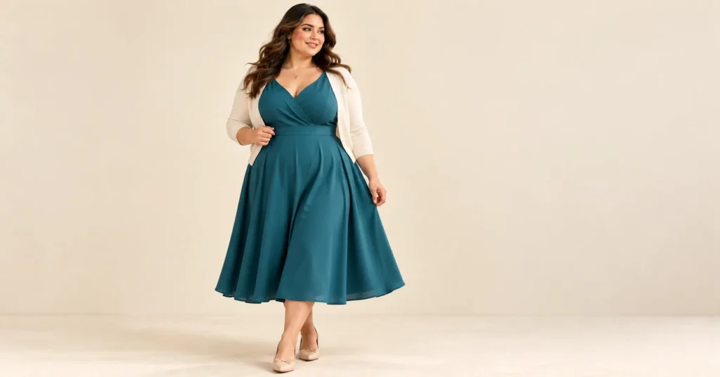 10 Stunning A-Line Dress Ideas: Flattering Outfits for Every Occasion 7 Plus size teal A-line midi dress with a defined waist and nude flats.