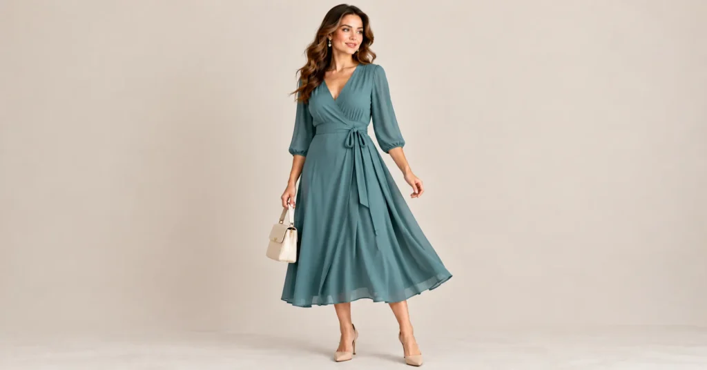 10 Flattering Short Torso Outfits That Balance Your Proportions Instantly 4 Short Torso Outfits featuring a muted teal V-neck wrap dress with a lower waist tie.