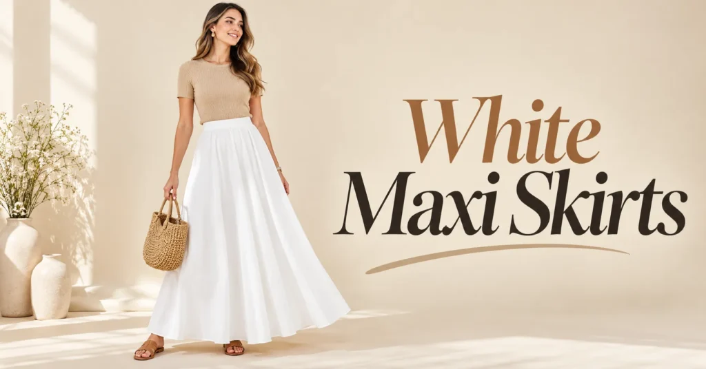 White maxi skirts styled with a beige knit top, tan sandals, and a woven handbag in a bright neutral studio.