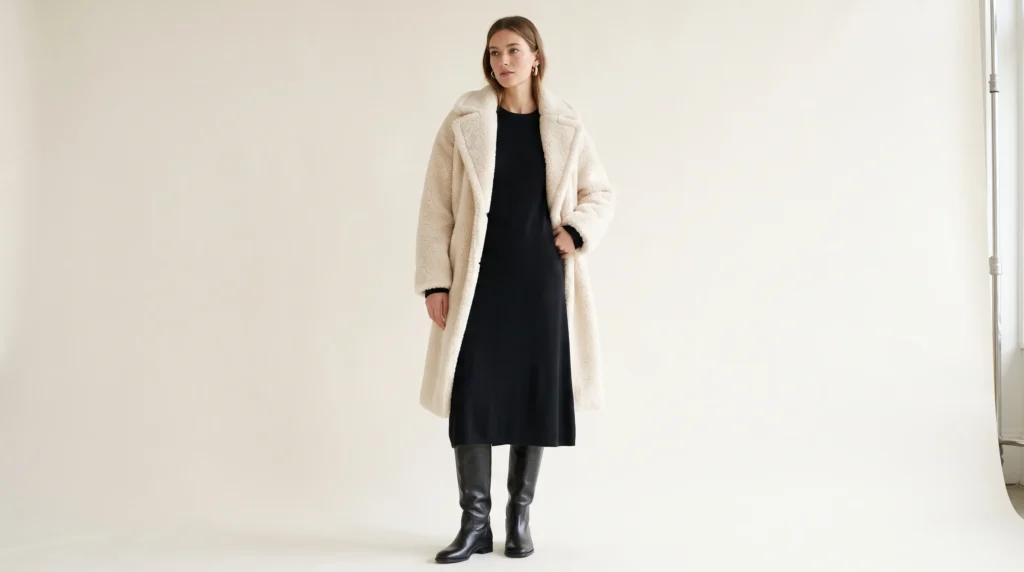 Luxury Winter Clothes for Women: Fabrics, Brands, and 10 Elegant Outfits 7 Elegant evening luxury winter clothes for women featuring a black cashmere knit midi dress and cream teddy coat.