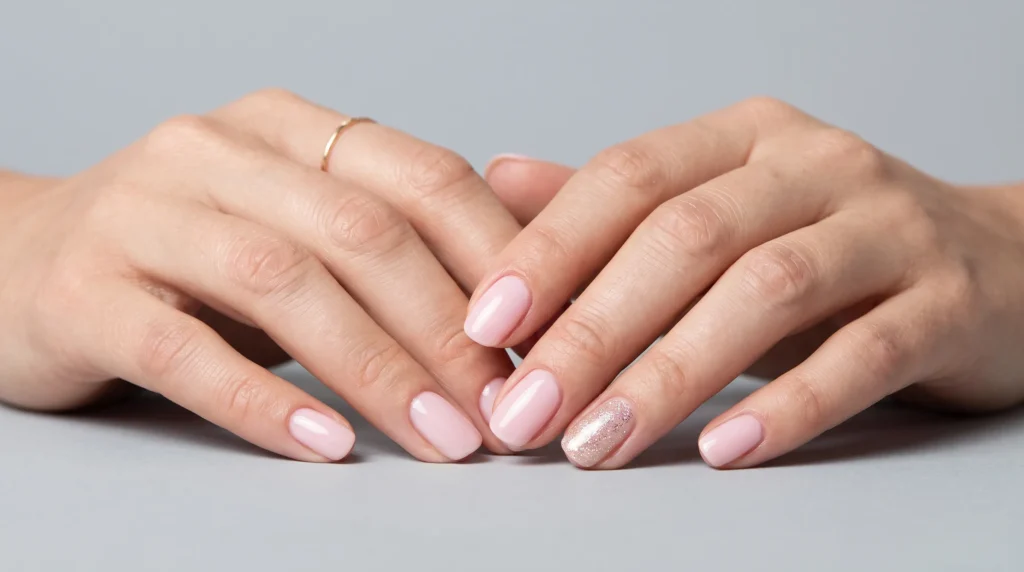 Pale Pink Nails: 10 Soft, Polished Ideas for Every Occasion 6 Elegant pale pink nails featuring a delicate champagne glitter accent nail.
