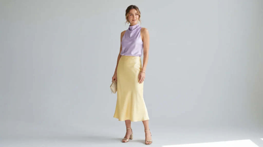 The Complete Yellow Skirt Guide: 12 Stunning Outfit Ideas and Styling Rules 7 Elegant yellow skirt outfit idea featuring a butter yellow satin midi skirt and lavender silk top.