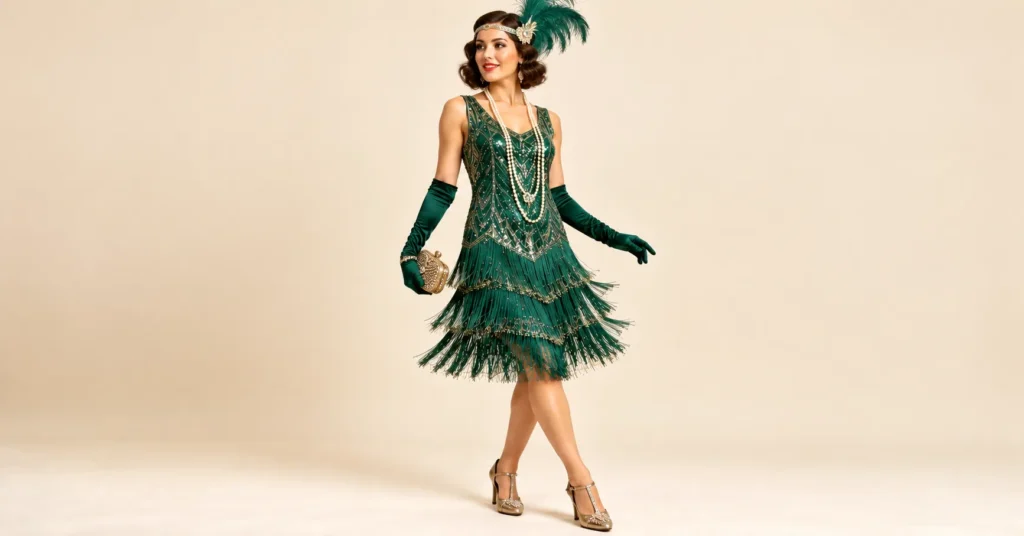 The Complete Guide to Flapper Halloween Costumes: 10 Dazzling 1920s Looks 6 Emerald green flapper Halloween costume with layered fringe, feather headband, and satin gloves.