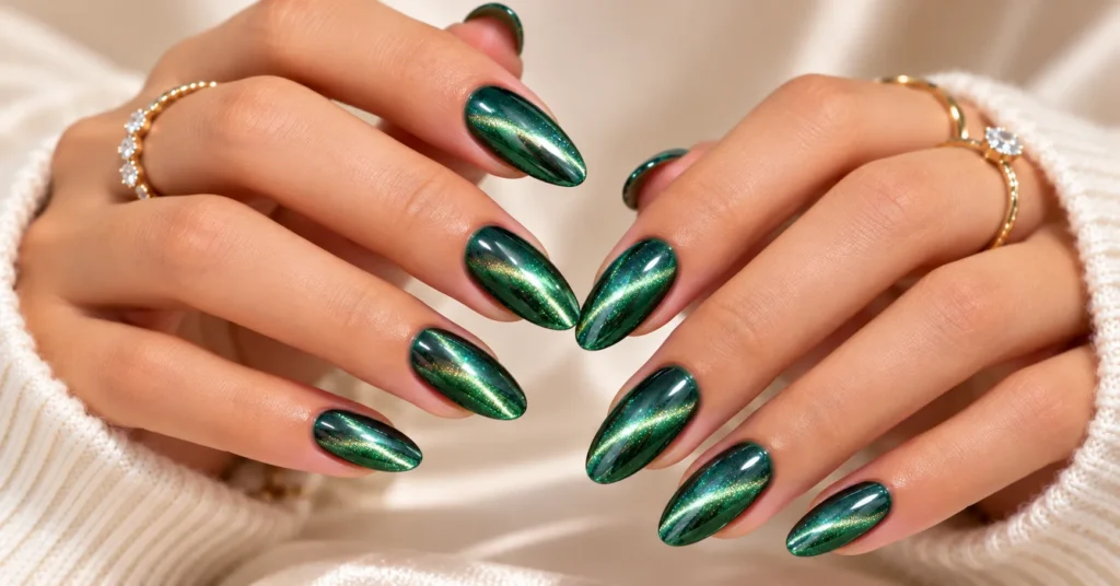 10 Stunning Reflective Nails Ideas That Shine in Every Light 8 Reflective Nails Ideas featuring emerald green cat eye magnetic nails with a dimensional light effect.