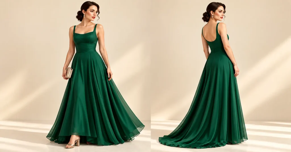 Atonement Green Dress featuring an emerald A-line gown with a fitted bodice and flowing chiffon skirt.