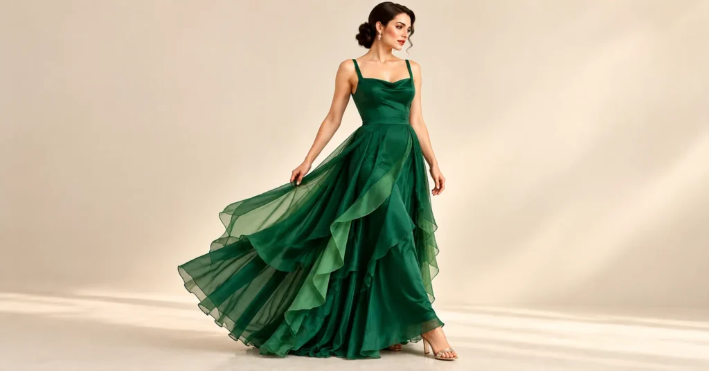 Atonement Green Dress featuring layered emerald and jade chiffon over a smooth satin base.