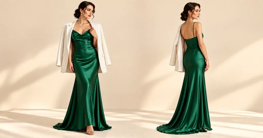 Atonement Green Dress inspired by a modern emerald satin slip dress with a cowl neckline and cream blazer.