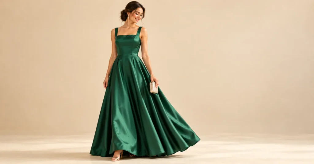10 Stunning A-Line Dress Ideas: Flattering Outfits for Every Occasion 4 Elegant emerald satin floor length A-line dress for formal occasions.