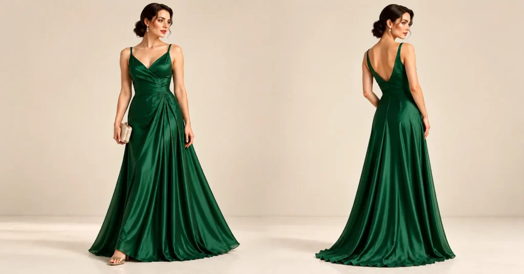 Atonement Green Dress adapted into a modest emerald bridesmaid gown with a draped satin bodice.