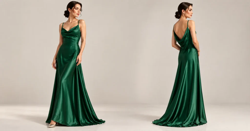 Atonement Green Dress featuring a softly draped emerald cowl neck gown with an elegant flowing skirt.