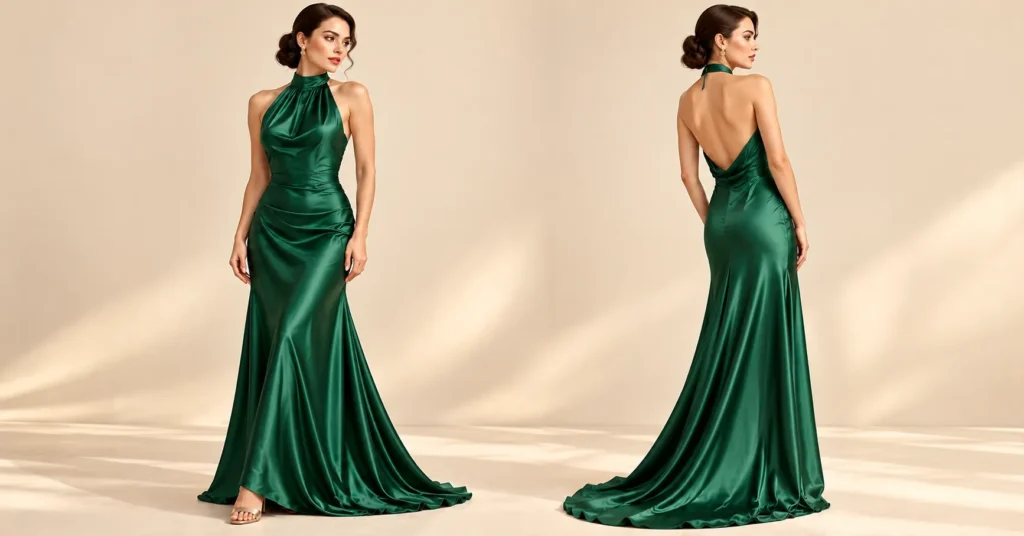 Atonement Green Dress reimagined as an emerald halter neck gown with a flowing satin skirt.