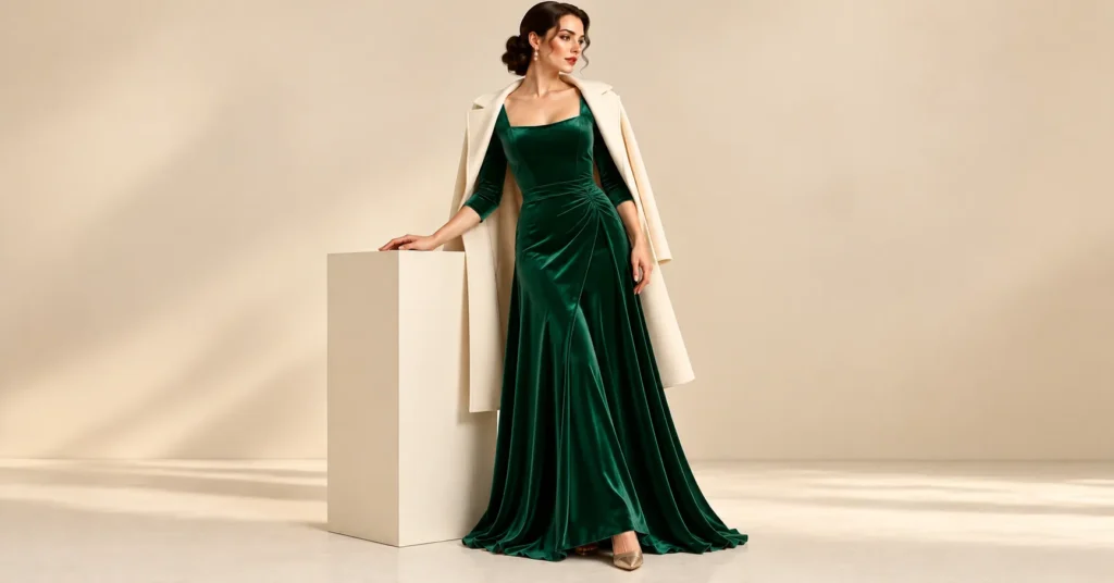 Atonement Green Dress adapted into an emerald velvet winter gown with elegant sleeves and a flowing skirt.