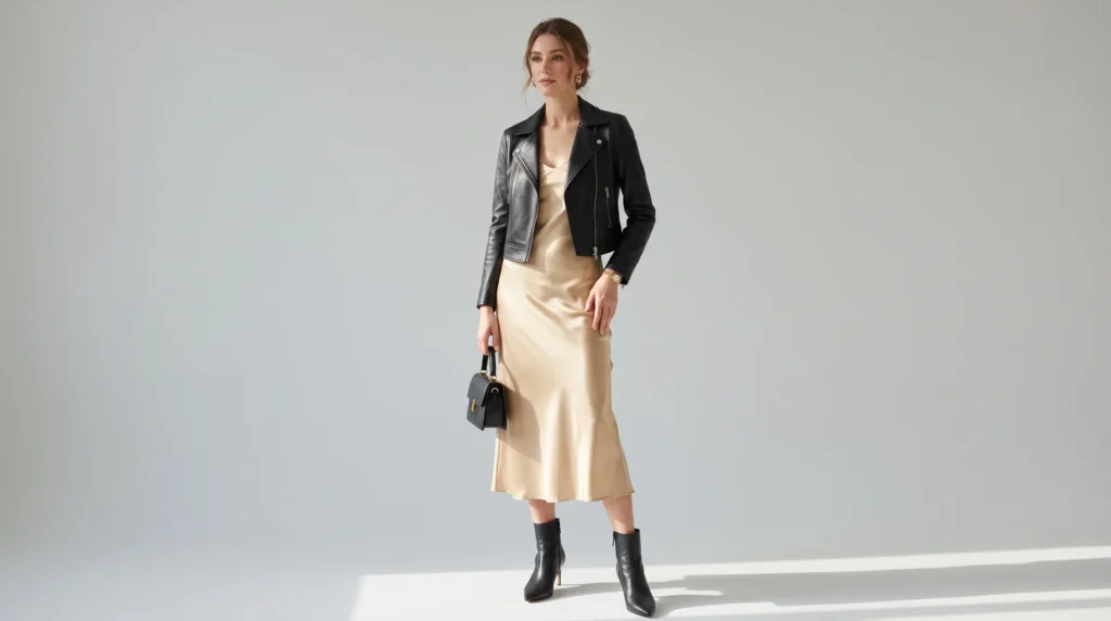 Evening tall women clothes featuring a satin midi slip dress with correct mid-calf length and heeled boots.
