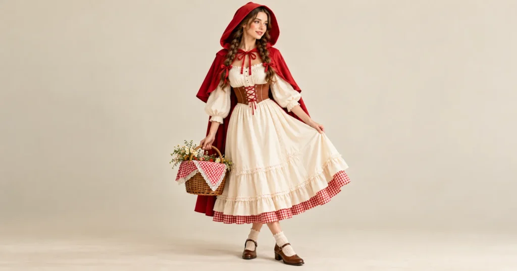 Little Red Riding Hood Costume Women Love: 10 Stunning Looks 5 Little Red Riding Hood Costume Women styled with a cream puff-sleeve peasant dress, short red capelet, braided hair, and a wicker basket.