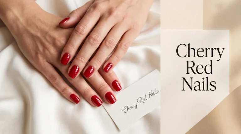Flawless glossy cherry red nails manicure hero shot displayed on well-manicured hands.