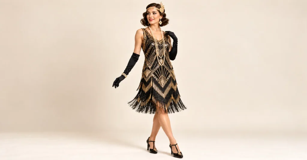 The Complete Guide to Flapper Halloween Costumes: 10 Dazzling 1920s Looks 9 Art Deco flapper Halloween costume with a black-and-gold geometric beaded dress.