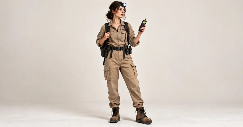Paranormal investigator haunted house outfit with a tan utility jumpsuit, work boots, and ghost-hunting equipment.