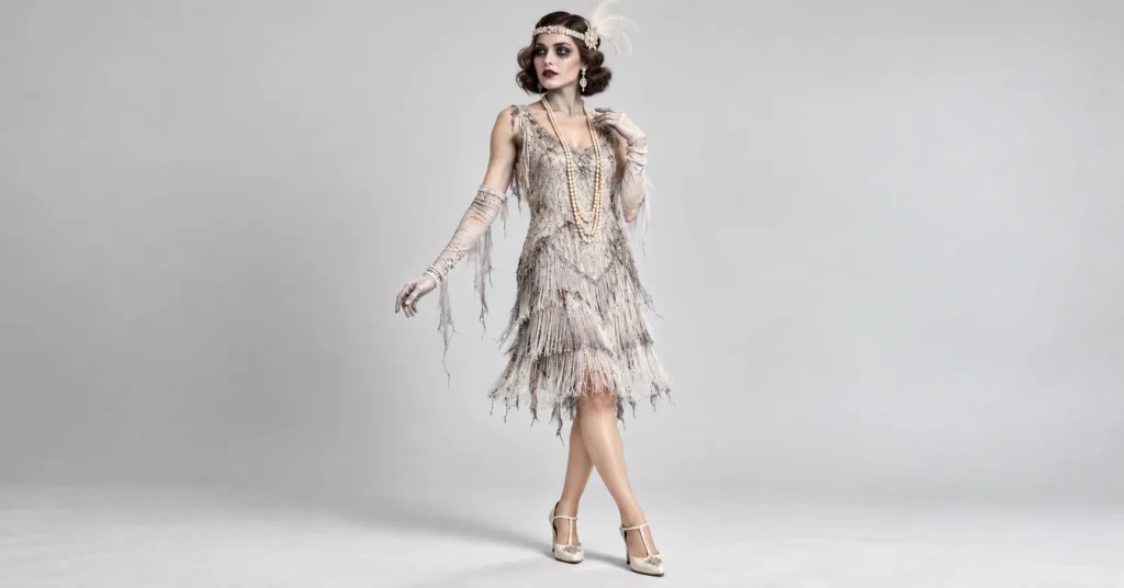 The Complete Guide to Flapper Halloween Costumes: 10 Dazzling 1920s Looks 10 Ghost flapper Halloween costume with a pale gray fringe dress and vintage pearl headband.