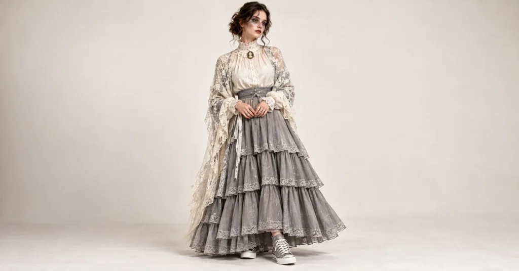 Victorian ghost haunted house outfit with a high-neck blouse, tiered gray skirt, and lace shawl.