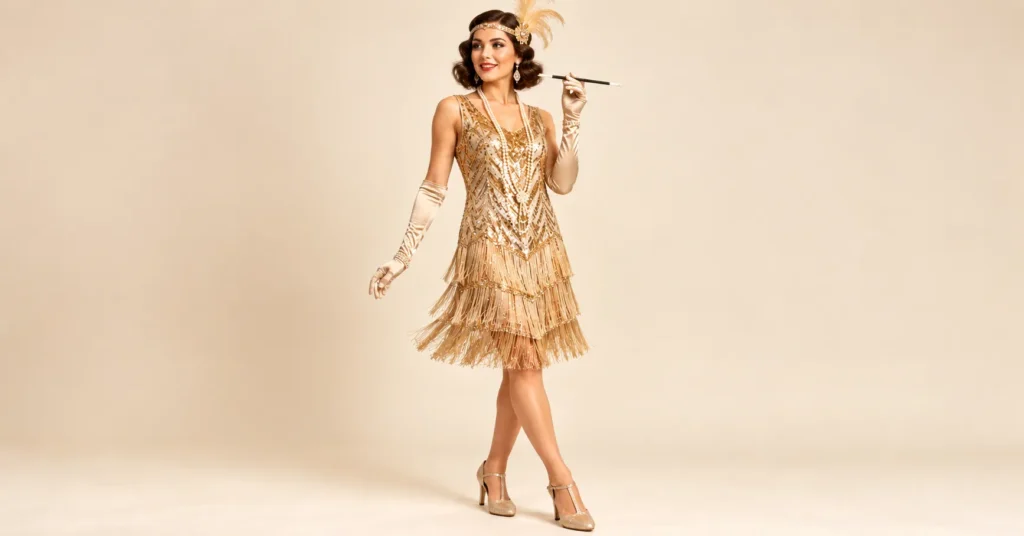 The Complete Guide to Flapper Halloween Costumes: 10 Dazzling 1920s Looks 4 Gold sequin flapper Halloween costume with a feather headband and nude T-strap heels.