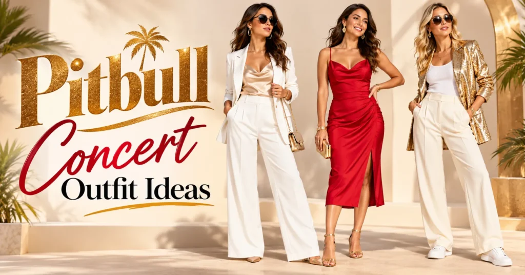 12 Best Pitbull Concert Outfit Ideas for a Bold, Glamorous Look 2 Pitbull Concert Outfit Ideas featuring white tailoring, a red dress, and gold glam-inspired concert outfits.