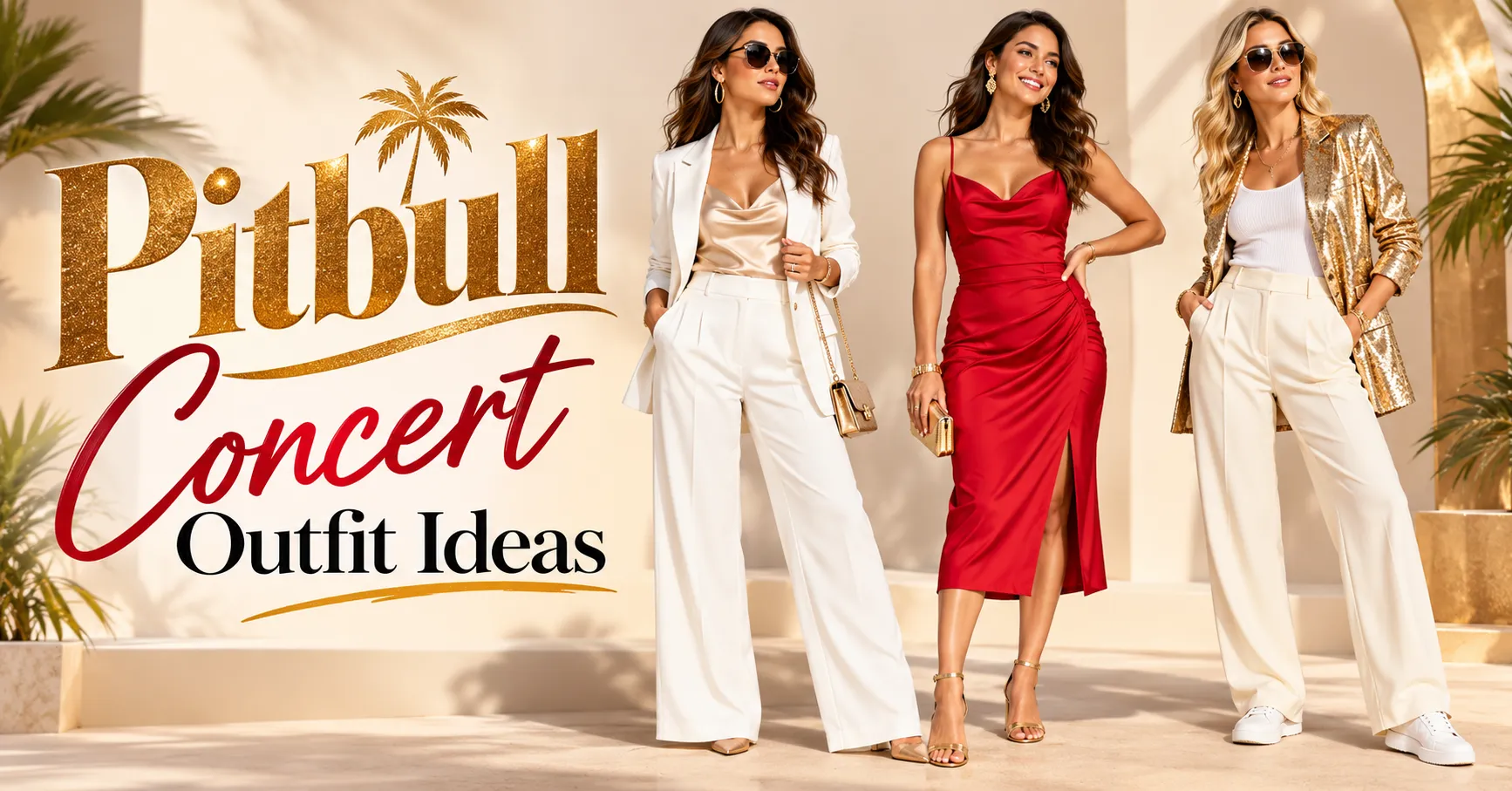 Pitbull Concert Outfit Ideas featuring white tailoring, a red dress, and gold glam-inspired concert outfits.