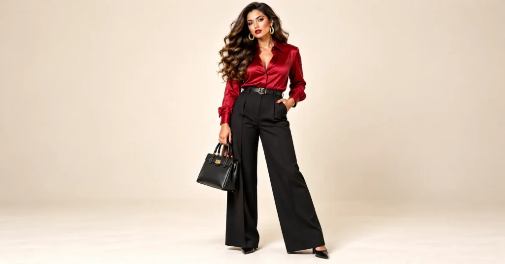 10 Stunning Mob Wife Outfit Ideas for a Bold, Glamorous Wardrobe 8 Mob Wife Outfit Ideas featuring a deep red satin blouse, black tailored trousers, red lipstick, and gold statement earrings.