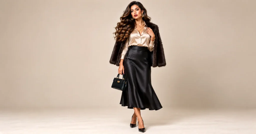 10 Stunning Mob Wife Outfit Ideas for a Bold, Glamorous Wardrobe 11 Mob Wife Outfit Ideas featuring a champagne silk blouse, black satin midi skirt, faux fur jacket, and gold accessories.