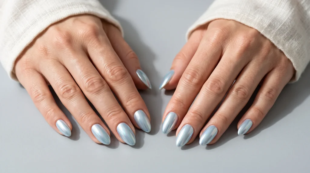Icy Blue Nails: 10 Stunning Ideas, Shades & Pro Tips for a Frosty Manicure 5 Glazed chrome icy blue nails with pearlescent silver shine under bright daylight.
