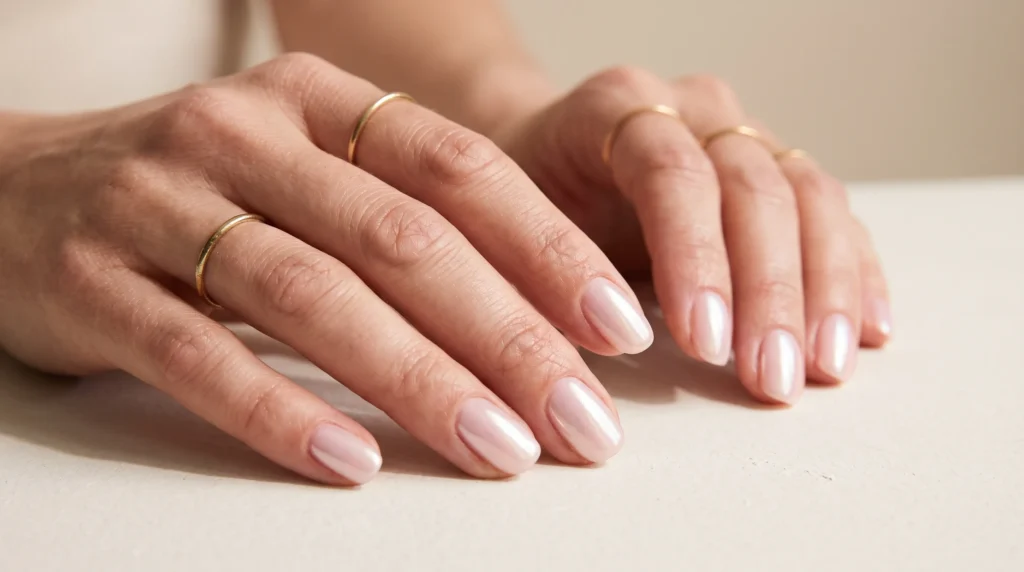 Pale Pink Nails: 10 Soft, Polished Ideas for Every Occasion 8 Glazed donut chrome pale pink nails with an iridescent pearl finish in bright lighting.