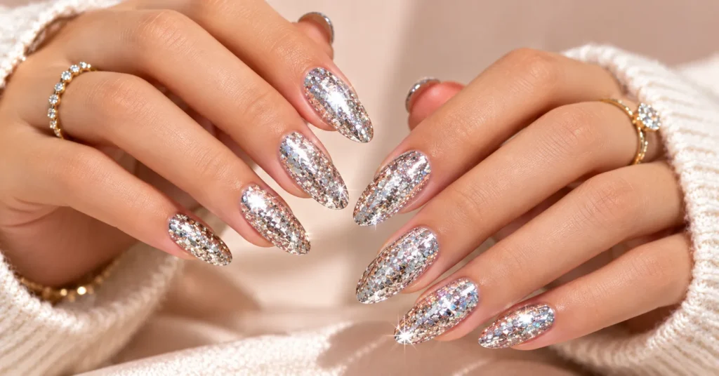 10 Stunning Reflective Nails Ideas That Shine in Every Light 4 Reflective Nails Ideas featuring sparkling flash reflective glitter nails in bright daylight.