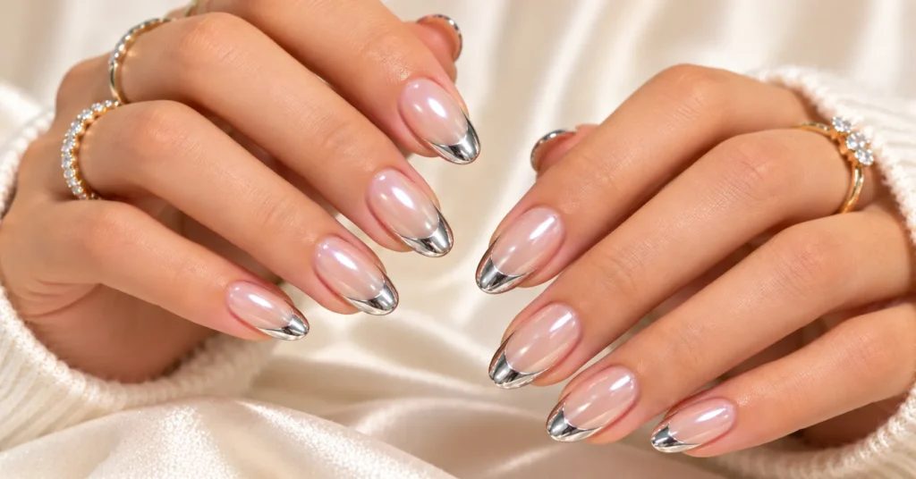 10 Stunning Reflective Nails Ideas That Shine in Every Light 9 Reflective Nails Ideas featuring elegant silver chrome French tips over a sheer nude base.