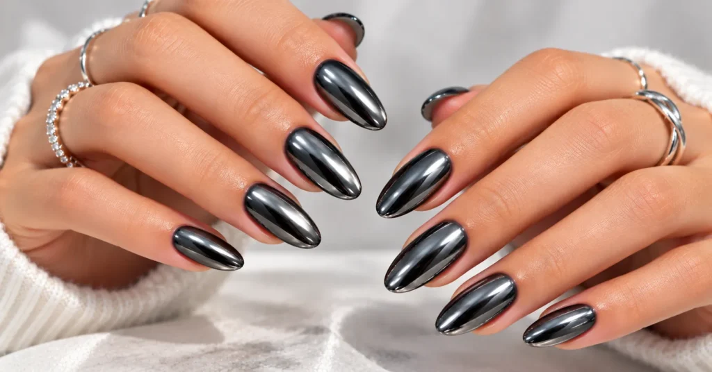 10 Stunning Reflective Nails Ideas That Shine in Every Light 11 Reflective Nails Ideas featuring sleek black mirror dark chrome nails with polished gunmetal shine.