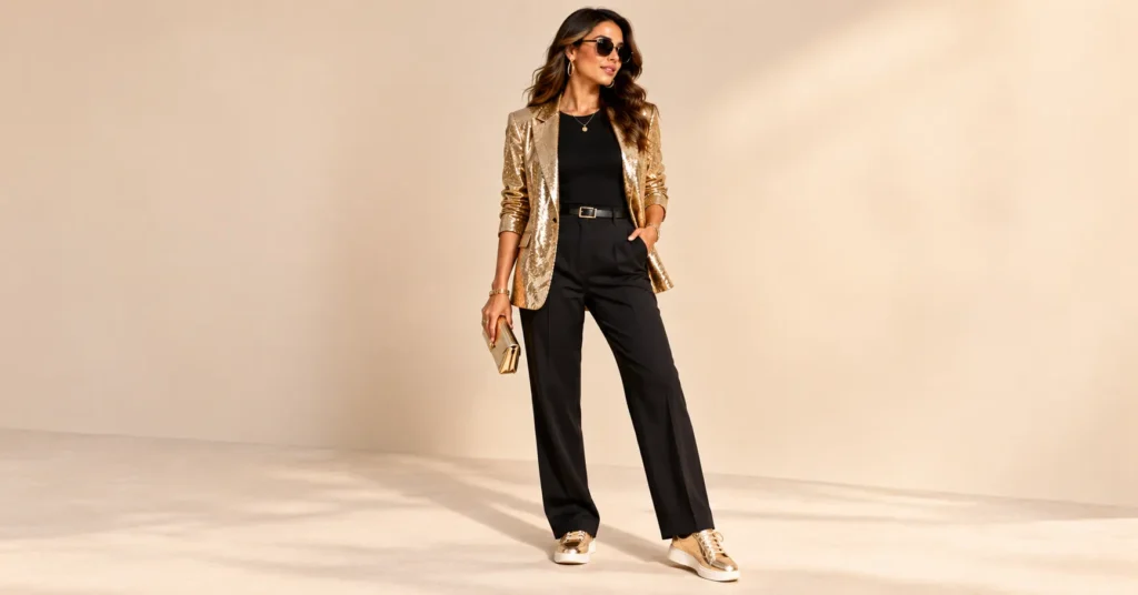 12 Best Pitbull Concert Outfit Ideas for a Bold, Glamorous Look 6 Pitbull Concert Outfit Ideas featuring a gold sequin blazer, black tailored trousers, and metallic footwear.
