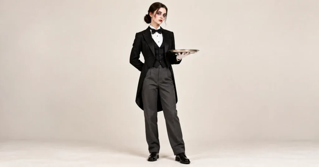 Haunted mansion butler haunted house outfit with a black tailcoat, white shirt, bow tie, and gray trousers.