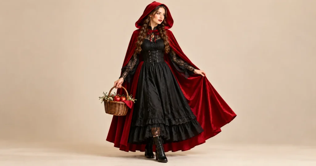 Little Red Riding Hood Costume Women Love: 10 Stunning Looks 4 Little Red Riding Hood Costume Women featuring a deep crimson velvet hooded cape, modest black lace dress, and black lace-up boots.