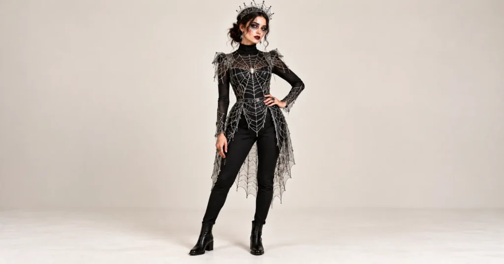 Cobweb spider queen haunted house outfit with a black gothic ensemble, spider accessories, and web makeup.