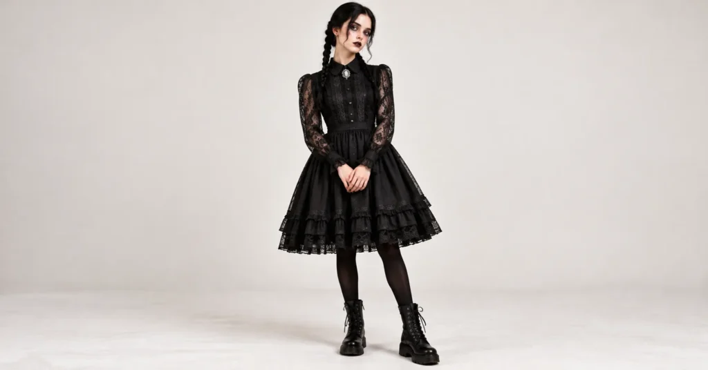 Gothic lace mourner haunted house outfit with a black collared dress, lace details, and combat boots.