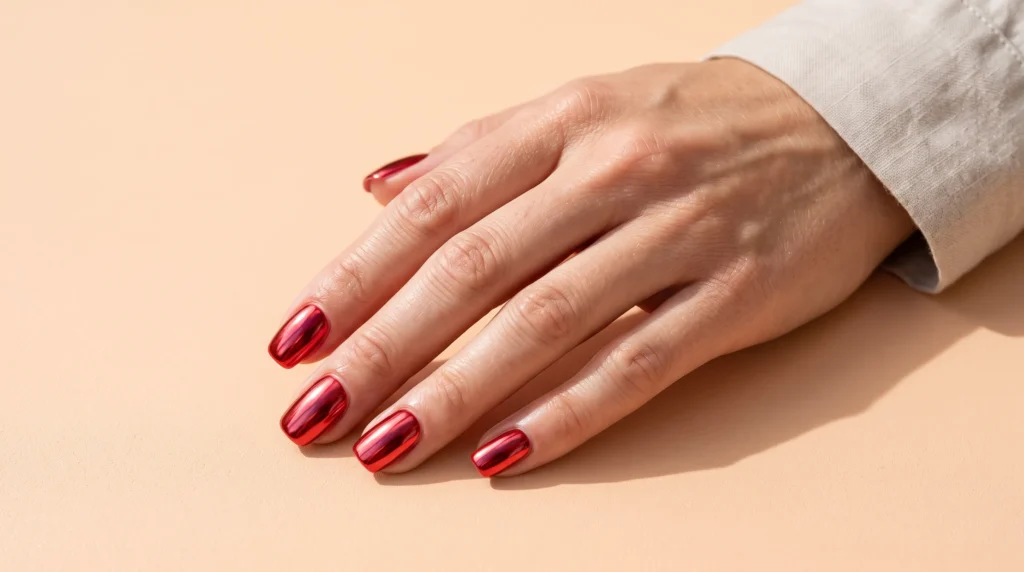 Cherry Red Nails: 10 Stunning Ideas, Shades & Pro Tips for a Flawless Manicure 7 Reflective chrome cherry red nails with a mirror-shine glazed finish.