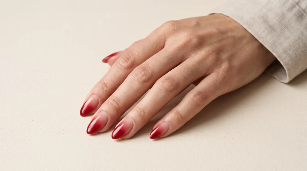 Cherry Red Nails: 10 Stunning Ideas, Shades & Pro Tips for a Flawless Manicure 8 Gradient cherry red ombré nails fading smoothly from nude to rich red tips.